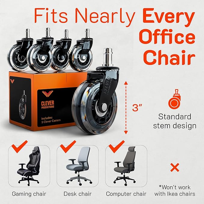 HOLKIE przezroczyste rolki gamingowe 7,5 cm, ciche na parkiet